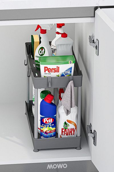 Mowo Home Organizator gri cu 2 niveluri - Suport pentru detergent pentru bucătărie, baie, dulap și blat