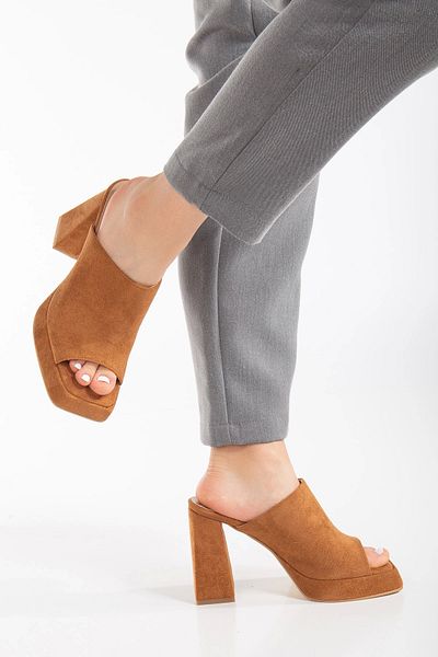 GULT Women's High Heel Slippers Cowhide Suede Tan