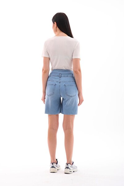 BIG LESSON Hamile Esnek Karın Bantlı Beli Ayarlanabilir Mom Fit Dikişsiz Paça Detaylı Şort Mavi Buz