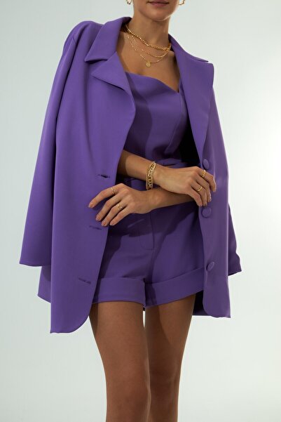 vifafi Purple Royal Mor Oversize Kemerli Ceket Elbise