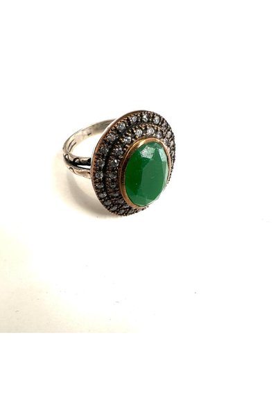 Aysesa Otantik Gümüş Yüzük 925 Ayar Zümrüt ve Zirkon Taşlı 9,54 Gram