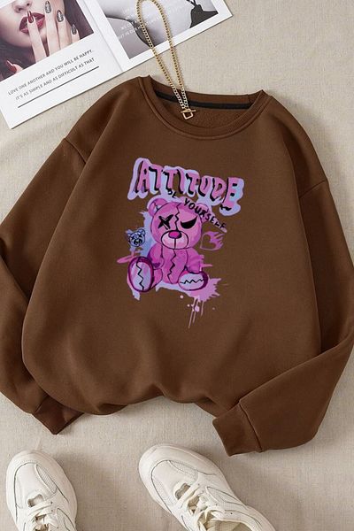 Moda Glo Унисекс памучен суитшърт с щампа Attitude и кръгло деколте