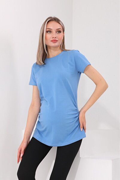 BIG LESSON Indigo T-shirt εγκυμοσύνης - Crew Neck, κοντό μανίκι, 100% βαμβάκι