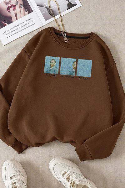 Moda Glo Унисекс памучен суитшърт с кръгло деколте и щампа на Ван Гог