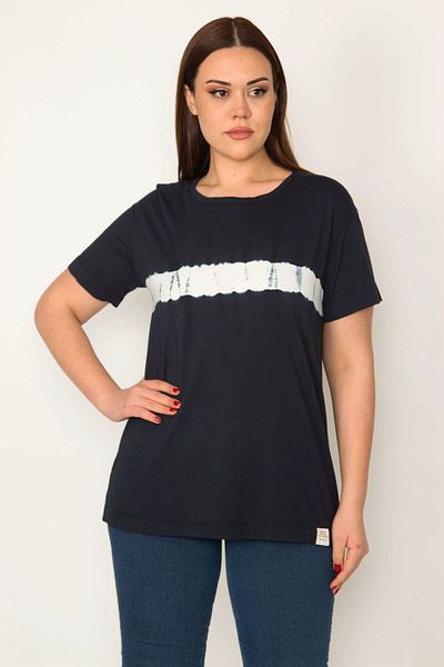 Şans Women's Large Size Navy Blue Crew Neck Printed Blouse 65n32225