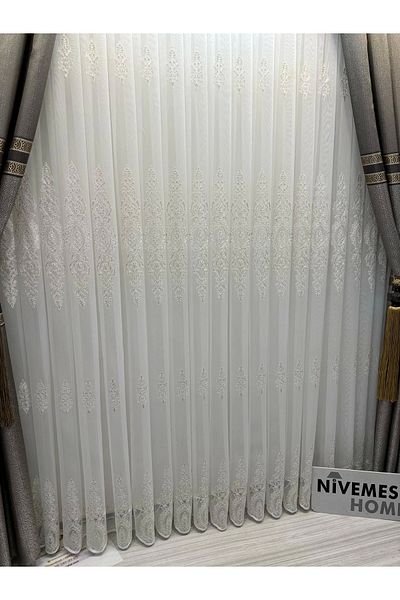 NİVEMESHOME Nivemeshome 4529 - Karel Gold Detailed, 1/3 Tight Pleated Tulle Curtain