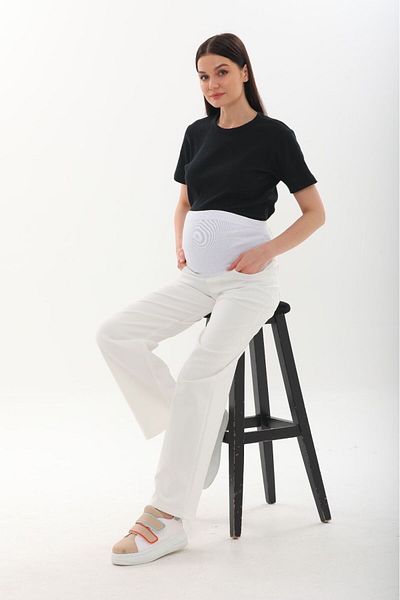 BIG LESSON Flexible and Adjustable Waist - Wide Leg Maternity Jeans White