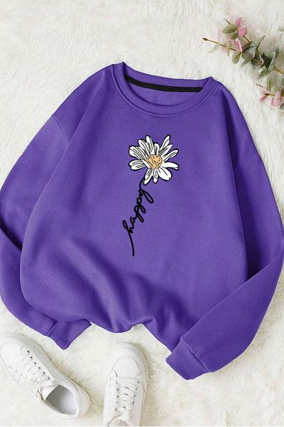 Moda Glo Unisex Μαύρο γράμμα Daisy με στάμπα με λαιμόκοψη βαμβακερό φούτερ