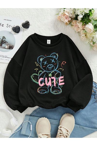 Moda Glo Hanorac unisex cu ursuleț de pluș imprimat cu scris drăguț