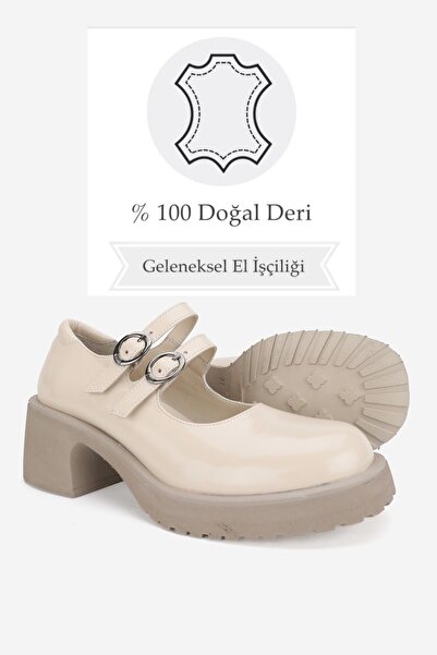 TUNAELLİ Women's Beige Patent Leather Genuine Natural Leather 36-41 Number Banded Shoes