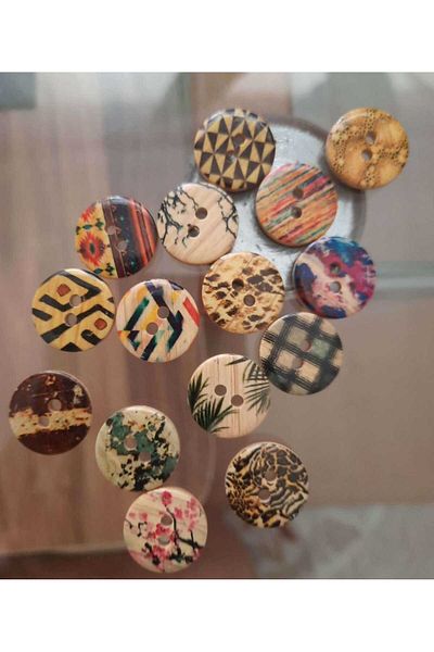 Beyna 1.5 cm Two Holes Mixed Color Polyester Patterned Button - 1 Pack of 10 Pieces
