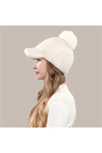 MARBERRY Ecru Pompom Plush Cap Women's Hat
