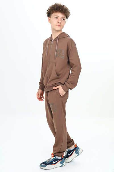Cansın Mini Σετ αθλητικής φόρμας για αγόρι - Καφέ στάμπα, κουκούλα και ζακέτα 19227