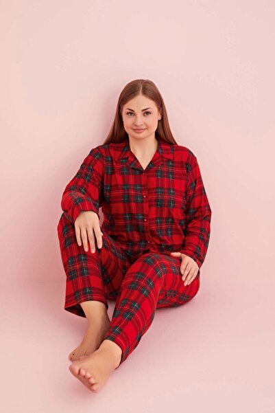 wear treasure Women's Winter Plus Size Red Green Plaid Buttoned Long Sleeve S...