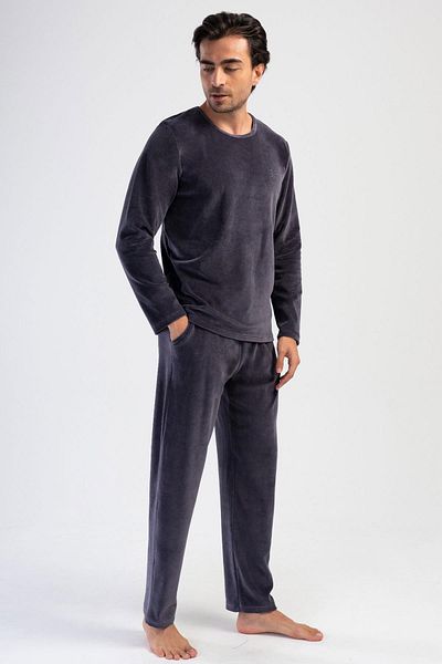 VİENETTA Men's Long Sleeve Velvet Smoke Pajamas Suit C3T1N1O304