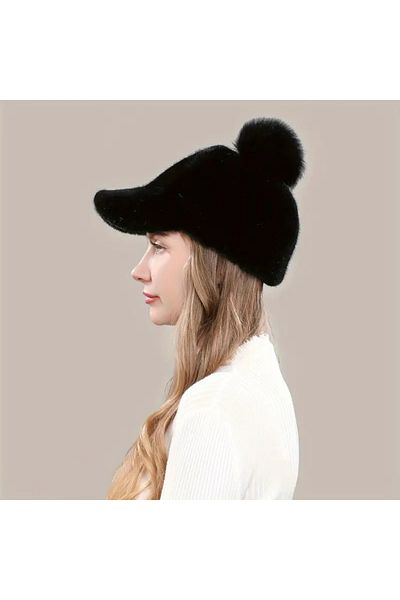 MARBERRY Black Pompom Plush Cap Women's Hat