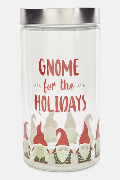 American Atelier Gnome For The Holidays Round Glass Canister 58 Oz, Transparent