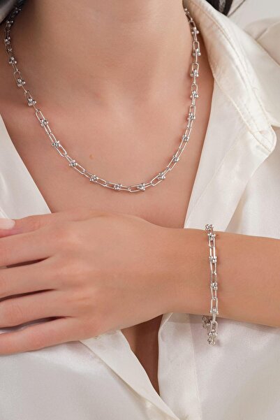 Tmt Silver 4.5 mm Gümüş Ataç Toplu Zincir Kolye Bileklik Sade Set