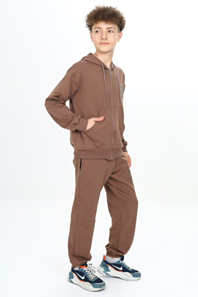 Cansın Mini Σετ αθλητικής φόρμας για αγόρι - Καφέ στάμπα, κουκούλα και ζακέτα 19227