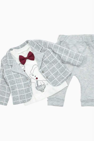 dinamik çocuk Baby Boy Holiday Bow Tie Checkered Jacket Elephant Patterned Bodysuit Newborn 3-Piece Baby Set