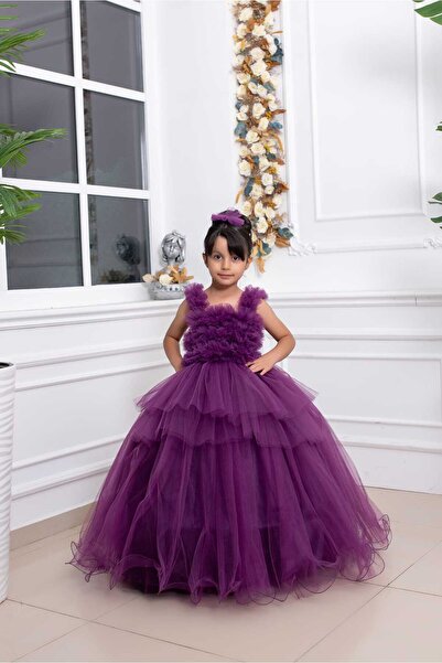 zde dikim evi Mor Kabarık Tül Çocuk Abiye Prenses Elbisesi Düğün Ve Doğum Gün...