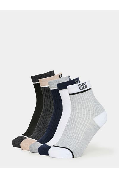Styli Pack of 5 - Embroidered Patch Ribbed Detail Crew Socks