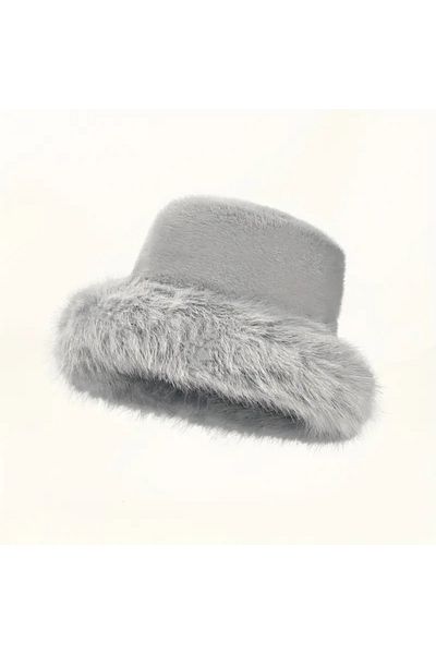 MARBERRY Gray Faux Fur Plush Heart Women's Hat