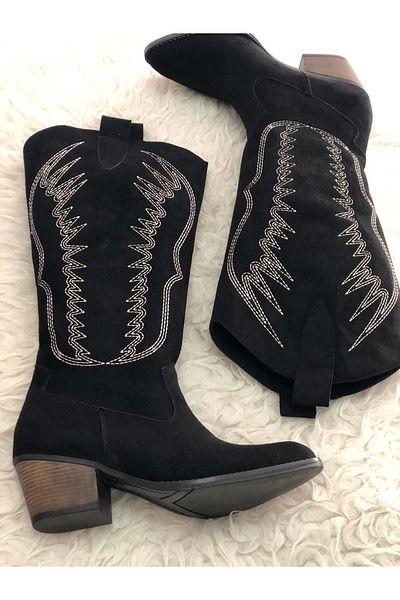 Hg Ayakkabı Каубойски ботуши Jane Suede с черен бродиран ток 5 см