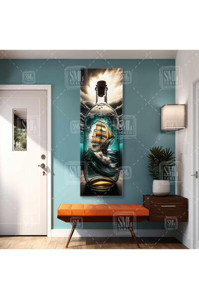 SML TABLO Gece Ay Işığında Cam Şişe Yelkenli Gemi Karayip Korsanları Panorami...