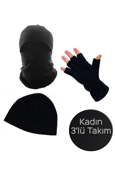 Mrey Kadın Siyah Kışlık Termal Polar Kesik Parmak Eldiven - Kar Maskesi Motor...