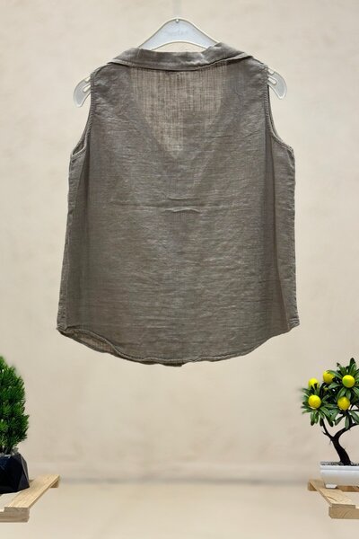 sahnemoda Λινό γιλέκο με ξύλινο κουμπί - με γιακά και τσέπες