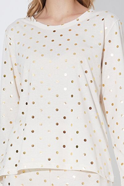 Siyah İnci Ekru Puan Varak Baskılı Örme Pijama Takım 7792