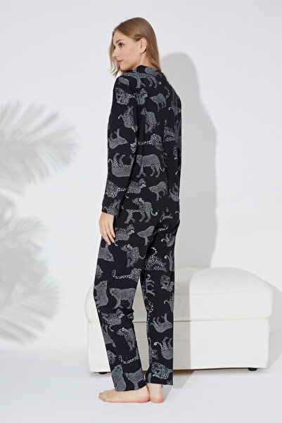 Siyah İnci Siyah Leopar Baskılı Düğmeli Örme Pijama Takım 7611