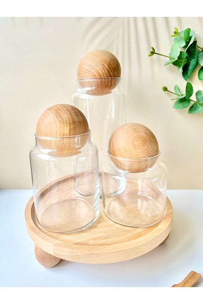 Mottogo Wooden Ball Footed Hollowed Out Stand| Presentation Holder and 3-Piece Glass Jar Set with Wooden Ball Lid
