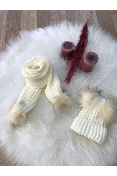 EXTRAÇARŞI Baby Girl Double Pompom Scarf Beanie Set 4/14 Years