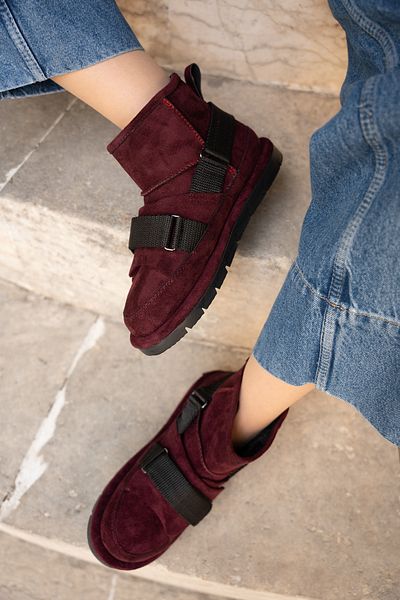 LAMİNTA Γυναικείες μπότες Lescar Burgundy Suede με λεπτομέρεια σχεδίασης με γούνα μέσα και ζώνη