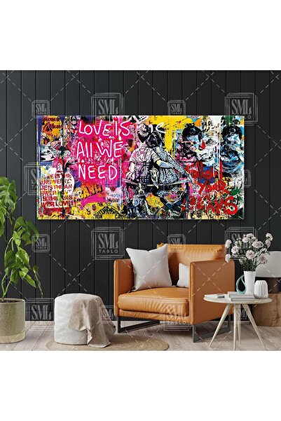 SML TABLO Banksy Grafitti İhtiyacımız Aşk Sarılan Çocuklar All We Need Is Lov...
