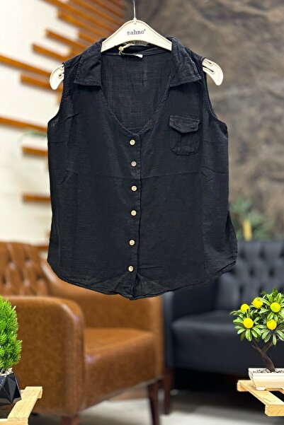 sahnemoda Льняний жилет з дерев'яними ґудзиками - з коміром і кишенями