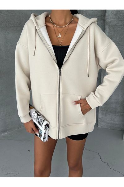 veres Women's Beige Ribbed Hooded Oversize Sweat Cardigan with Kangaroo Pocket