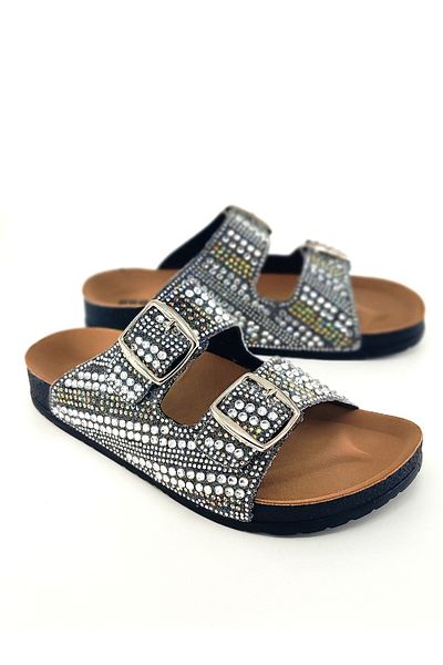 Esem Silver Color Stone Double Buckle Anatomic Trend Model Home, Street and Misfir Slippers