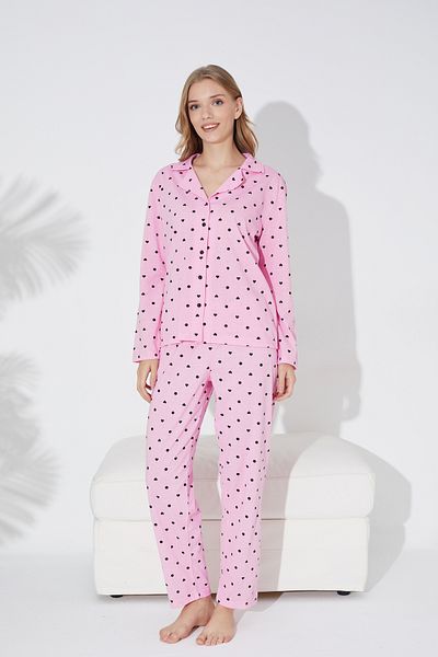 Siyah İnci Pink Black Heart and Point Printed Buttoned Knitted Pajamas Set 7793
