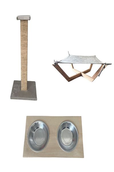 Sonrisa Pets Cat Scratching and Hammock Bed - Set of 2 Wooden Food Water Bowl