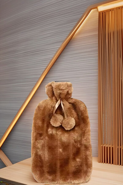 TOYFEST 2 Litre Ponponlu Yumuşak Peluş Sıcak Su Torbası Açık Kahve