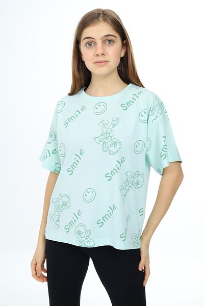 Cansın Mini Тениска с кръгло деколте и щампа Mint Smile за момичета 17768