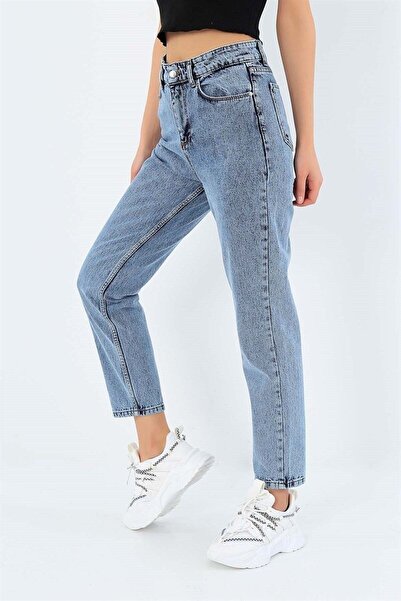 ByCukurovaFrango By-3301 Snow Wash High Waist Lycra Blue Mom Stretch Jeans St...