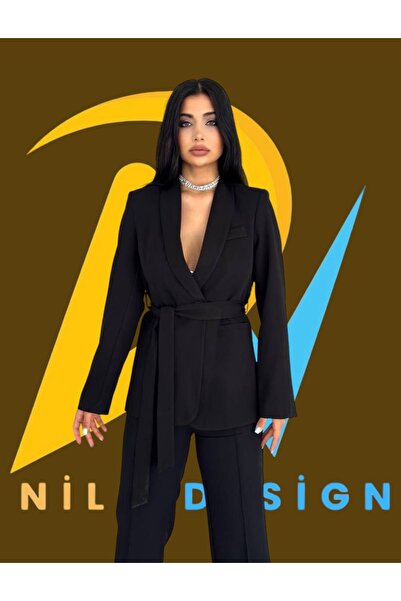 Genel Markalar Kadın Takım Elbise, Kemerli Şal Yaka Blazer Ceket Boru Paça Esnek Pantolon