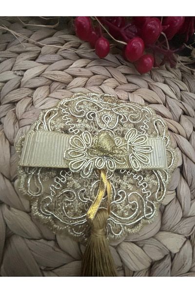 Deniz Party Store Glossy Gold Embroidered Tasseled Round Bag Decoration 2 Pieces