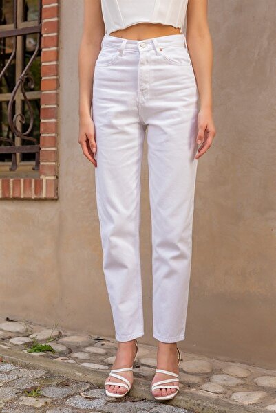 ByCukurovaFrango BY-9037 Ανοιχτό λευκό τζιν frango Ψηλόμεσο Mom Jeans Τζιν πα...