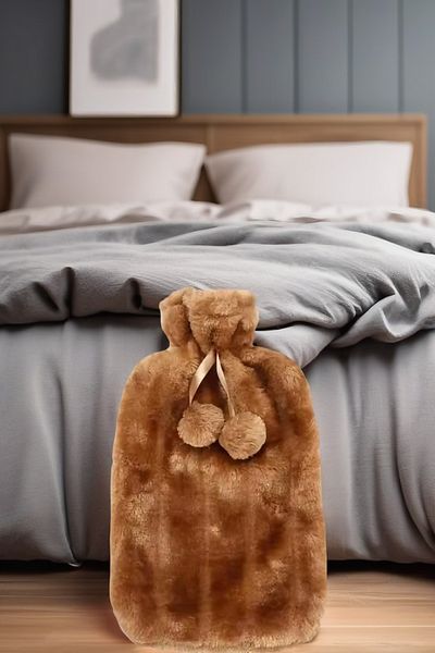 TOYFEST 2 Liter with Pompom - Soft Plush Hot Water Bag, Light Brown
