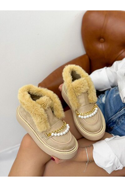 ERVANIN BUTİĞİ Bej Süet (Loretta) Tüylü İnci Detay Kadın Bot